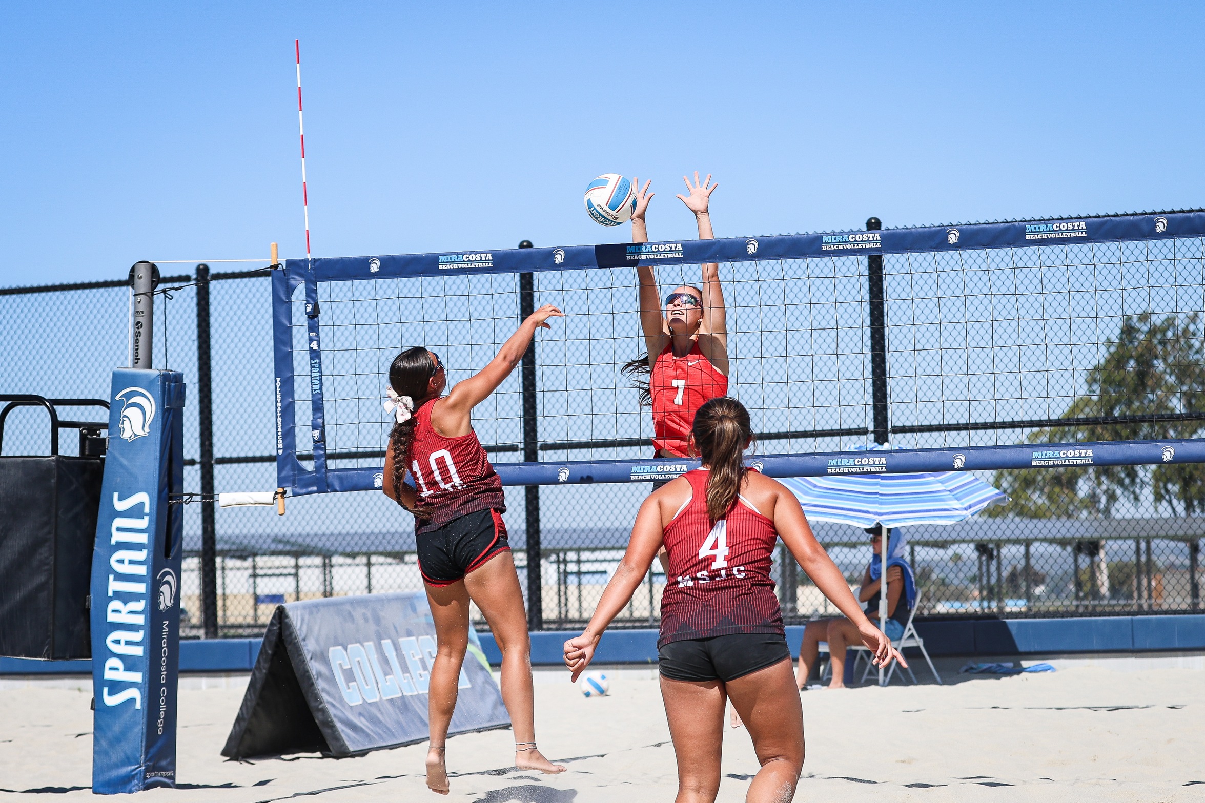 Annie Cummings blocks the ball at the net on an attack by Mt. San Jacinto College on March 20, 2026.